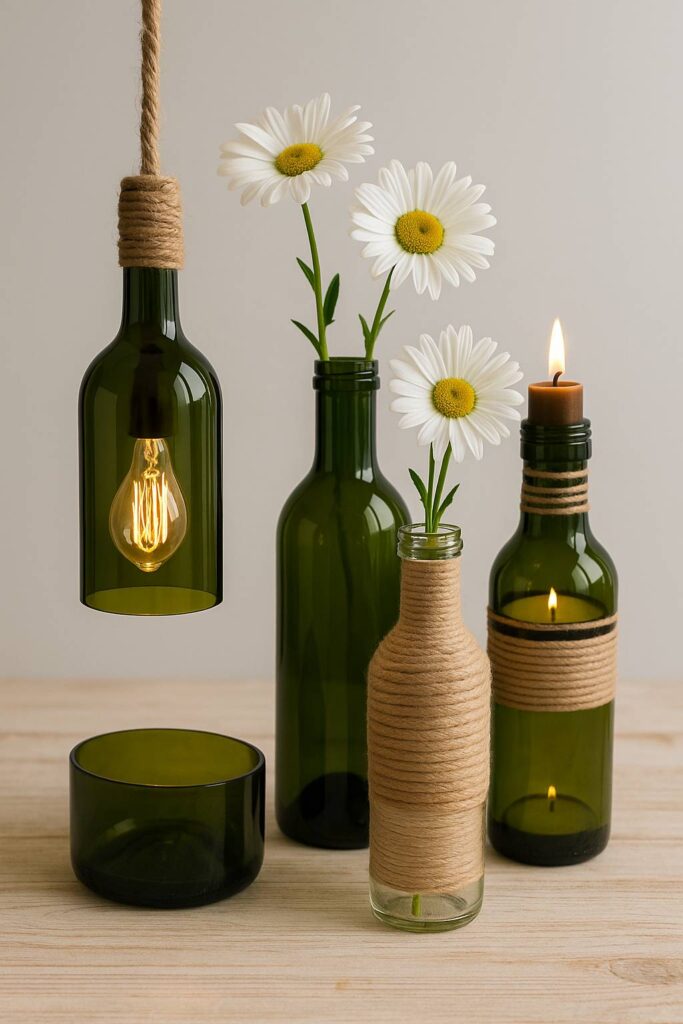 Decoración con botellas de vidrio recicladas: lámpara, florero y portavelas sostenibles